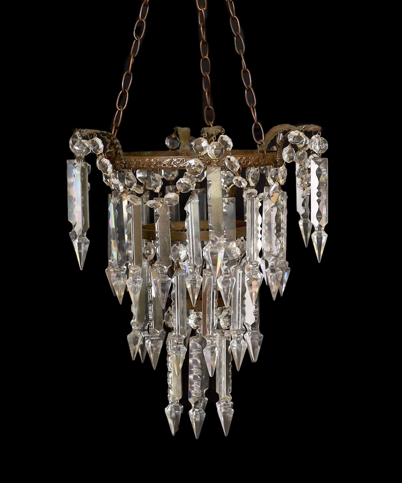 A pair of early 20th century art glass three light lustre light fittings with spear shaped drops, height 59cm. width 35cm